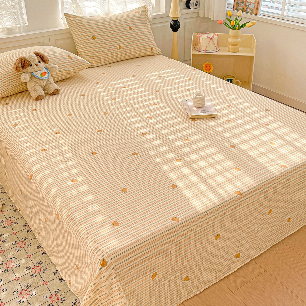 91家纺网 家纺一手货源 找家纺 温眠家纺 2026新款古法水洗棉加厚高克重双层纱单床单床单单件单品床单 条纹南瓜