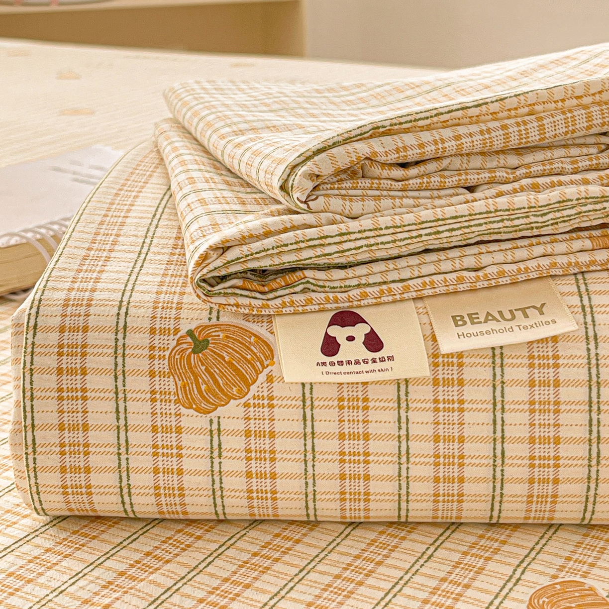 温眠家纺 2026新款古法水洗棉加厚高克重双层纱单床单床单单件单品床单 条纹南瓜