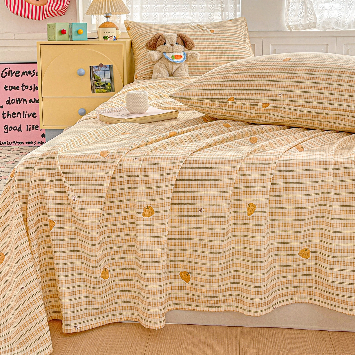 91家纺网 家纺一手货源 找家纺 温眠家纺 2026新款古法水洗棉加厚高克重双层纱单床单床单单件单品床单 条纹南瓜