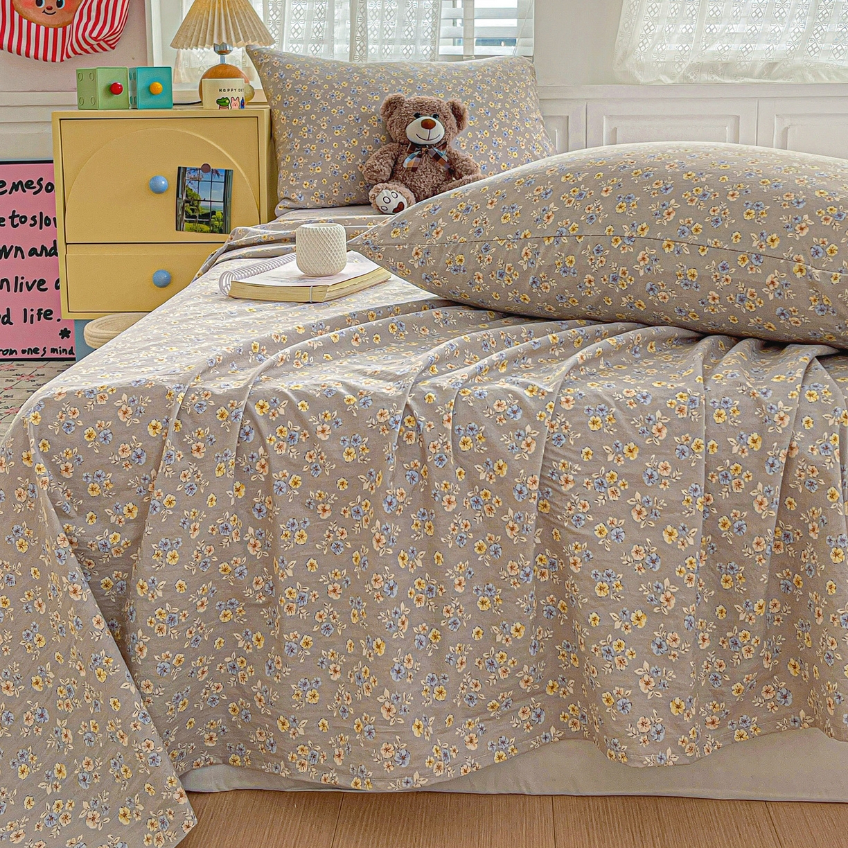 91家纺网 家纺一手货源 找家纺 温眠家纺 2026新款古法水洗棉加厚高克重双层纱单床单床单单件单品床单 扶桑花未落