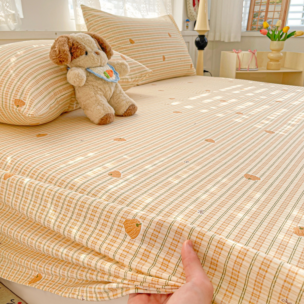 91家纺网 家纺一手货源 找家纺 温眠家纺 2026新款古法水洗棉加厚高克重双层纱单床单床单单件单品床单 条纹南瓜