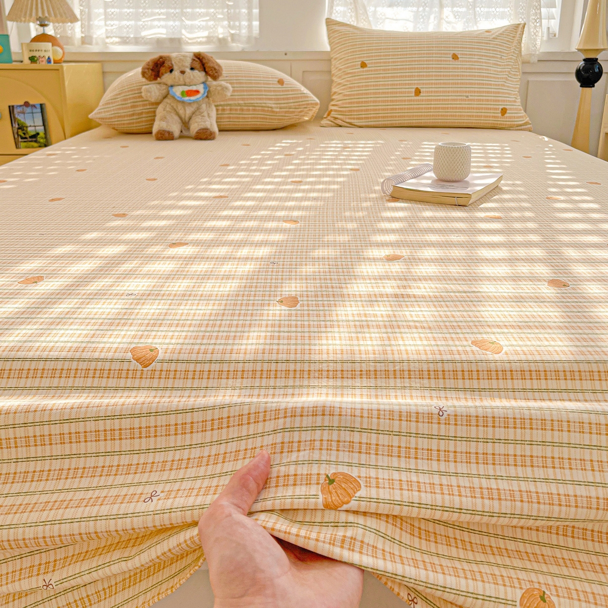 91家纺网 家纺一手货源 找家纺 温眠家纺 2026新款古法水洗棉加厚高克重双层纱单床单床单单件单品床单 条纹南瓜