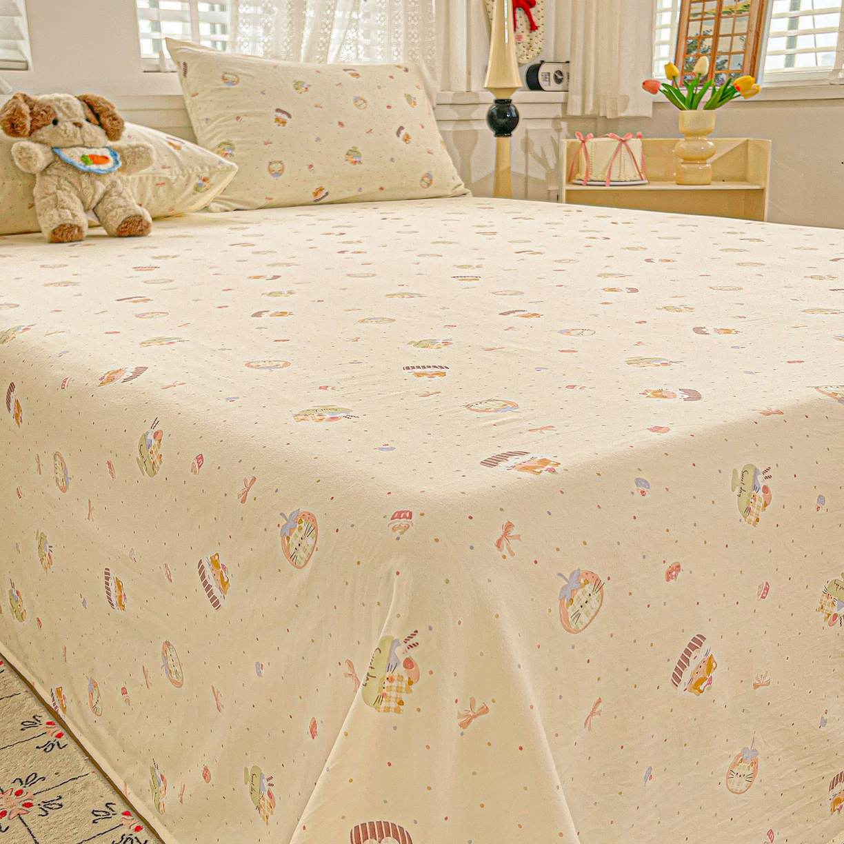 91家纺网 家纺一手货源 找家纺 温眠家纺 2026新款古法水洗棉加厚高克重双层纱单床单床单单件单品床单 蛋糕小猫