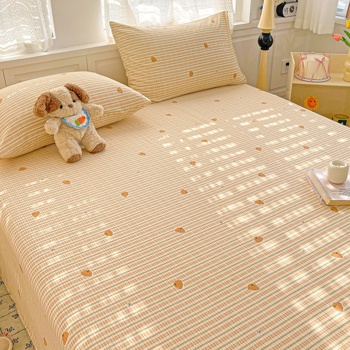 91家纺网 家纺一手货源 找家纺 温眠家纺 2026新款古法水洗棉加厚高克重双层纱单床单床单单件单品床单 条纹南瓜