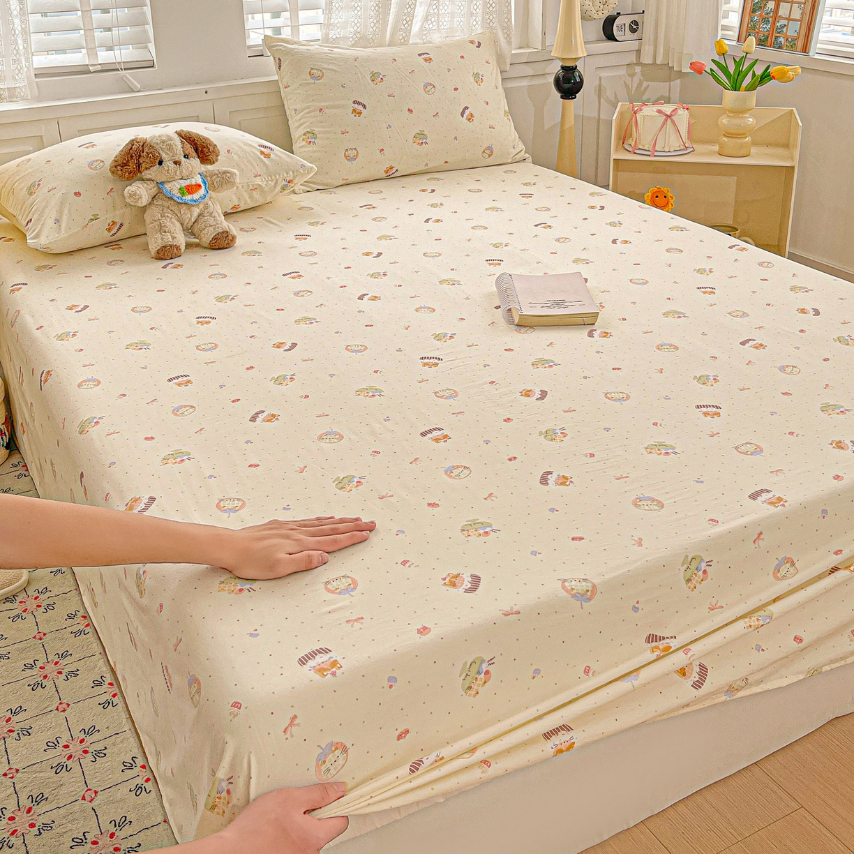 91家纺网 家纺一手货源 找家纺 温眠家纺 2026新款古法水洗棉加厚高克重双层纱单床单床单单件单品床单 蛋糕小猫