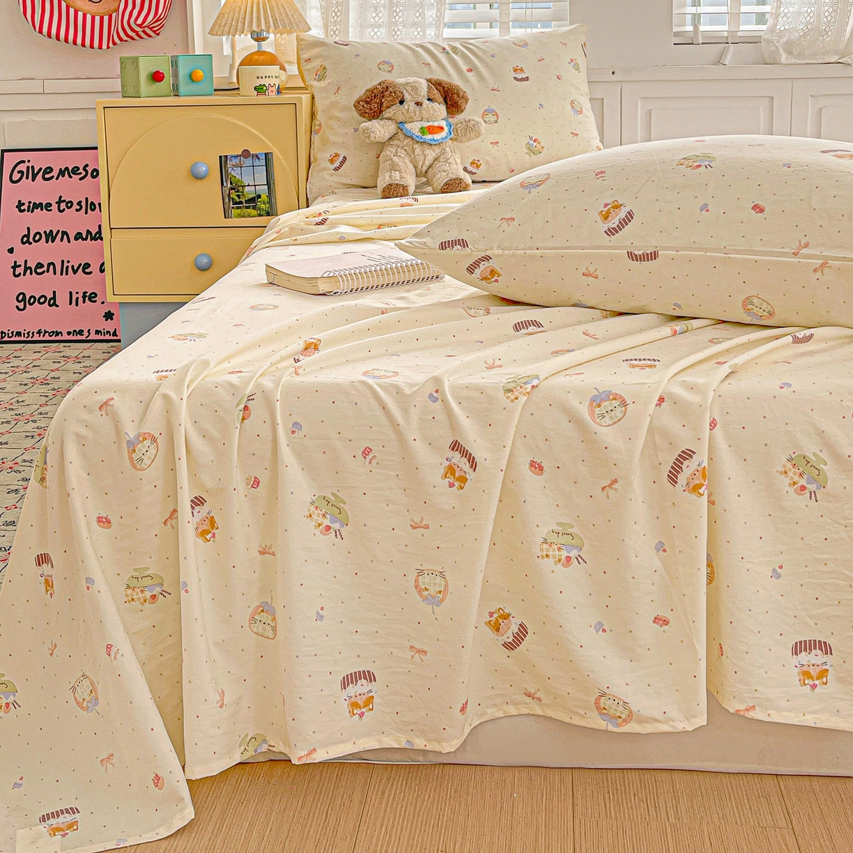 91家纺网 家纺一手货源 找家纺 温眠家纺 2026新款古法水洗棉加厚高克重双层纱单床单床单单件单品床单 蛋糕小猫