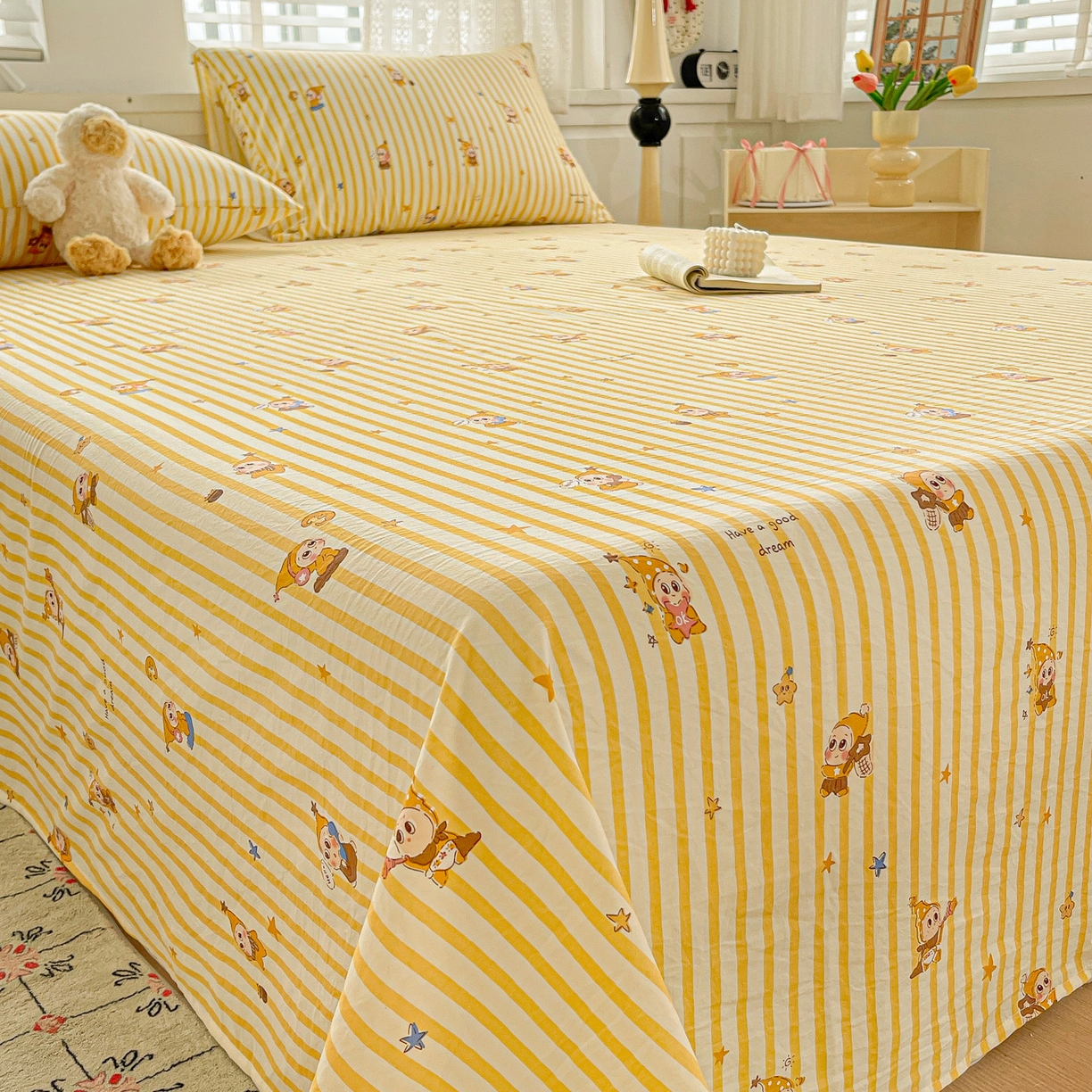 91家纺网 家纺一手货源 找家纺 温眠家纺 2026新款古法水洗棉加厚高克重双层纱单床单床单单件单品床单 星星人