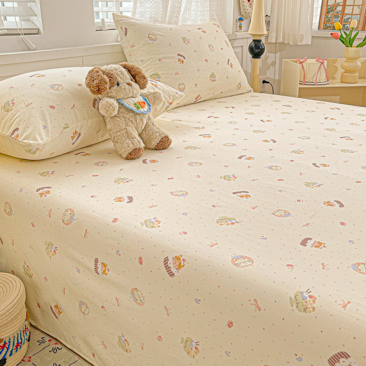 91家纺网 家纺一手货源 找家纺 温眠家纺 2026新款古法水洗棉加厚高克重双层纱单床单床单单件单品床单 蛋糕小猫