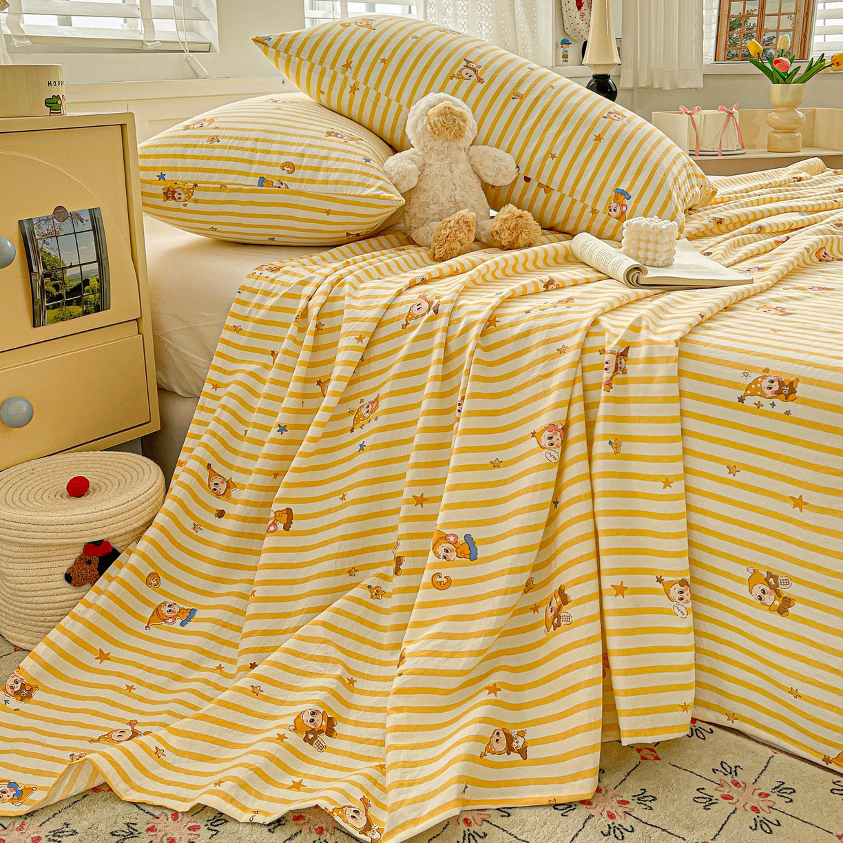 91家纺网 家纺一手货源 找家纺 温眠家纺 2026新款古法水洗棉加厚高克重双层纱单床单床单单件单品床单 星星人