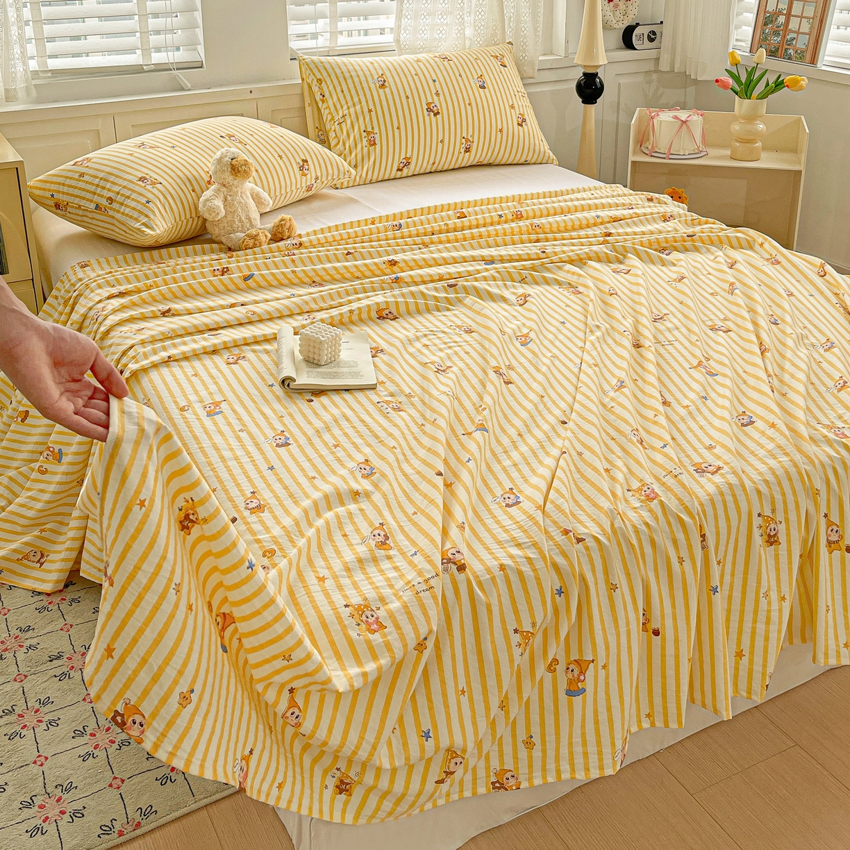 91家纺网 家纺一手货源 找家纺 温眠家纺 2026新款古法水洗棉加厚高克重双层纱单床单床单单件单品床单 星星人