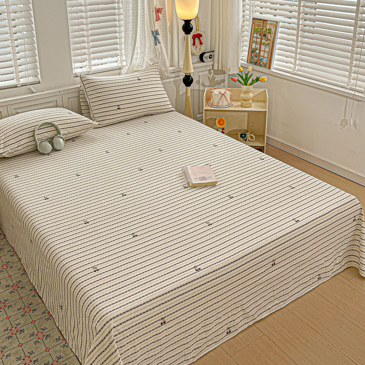 91家纺网 家纺一手货源 找家纺 温眠家纺 2026新款古法水洗棉加厚高克重双层纱单床单床单单件单品床单 樱之桃桃