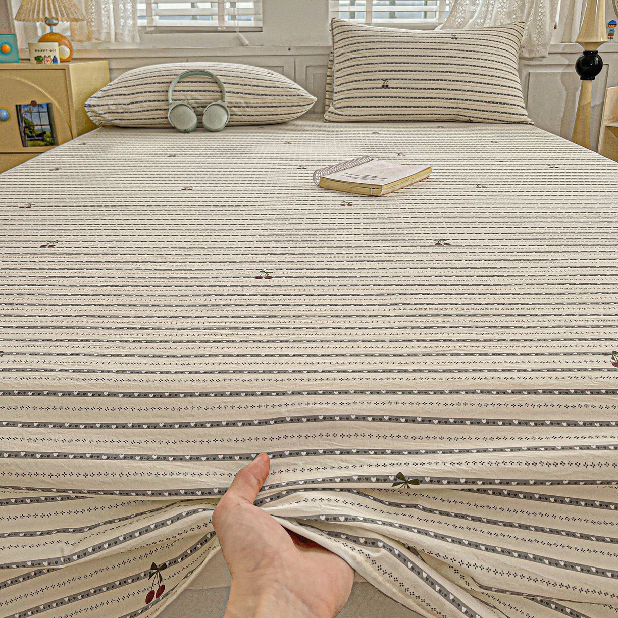 91家纺网 家纺一手货源 找家纺 温眠家纺 2026新款古法水洗棉加厚高克重双层纱单床单床单单件单品床单 樱之桃桃