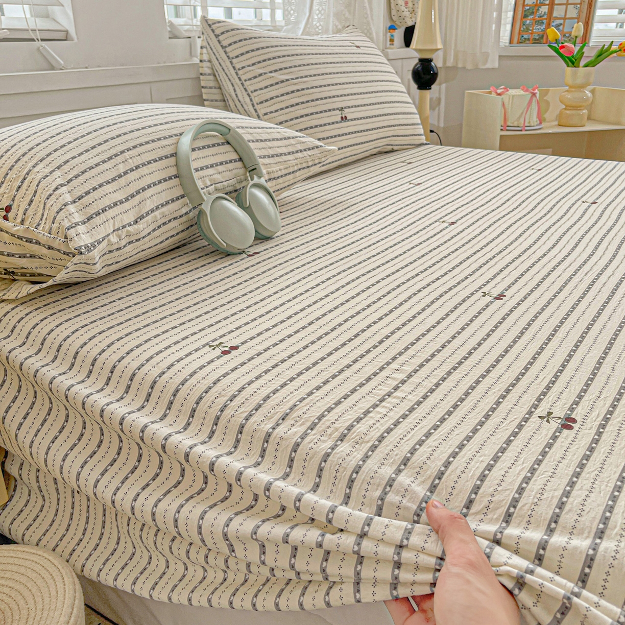 91家纺网 家纺一手货源 找家纺 温眠家纺 2026新款古法水洗棉加厚高克重双层纱单床单床单单件单品床单 樱之桃桃