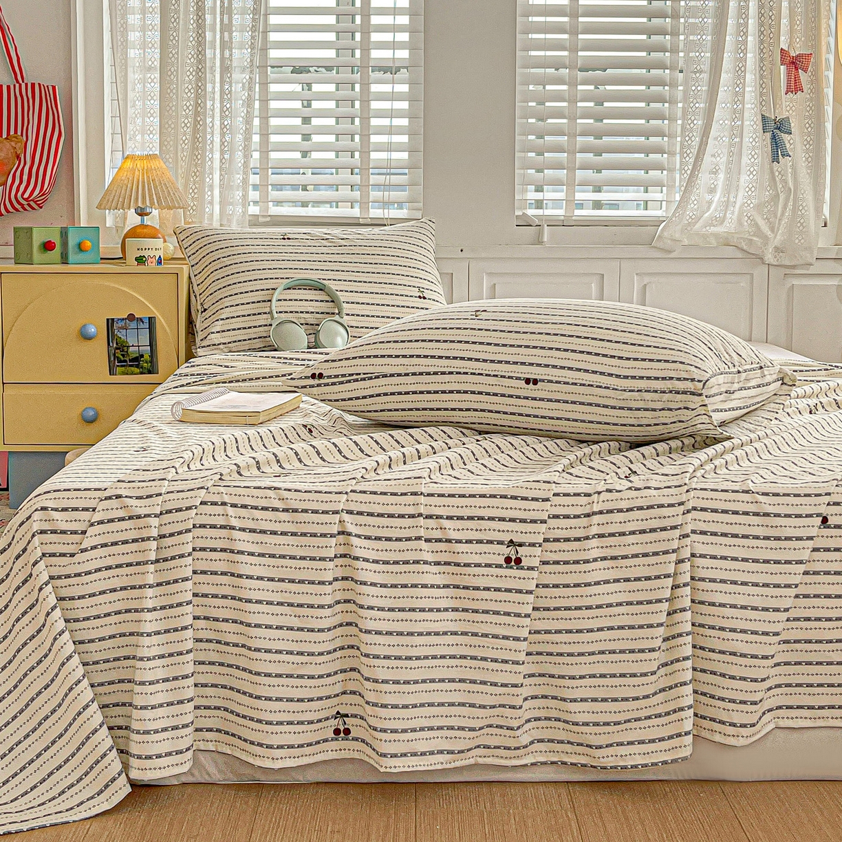 91家纺网 家纺一手货源 找家纺 温眠家纺 2026新款古法水洗棉加厚高克重双层纱单床单床单单件单品床单 樱之桃桃