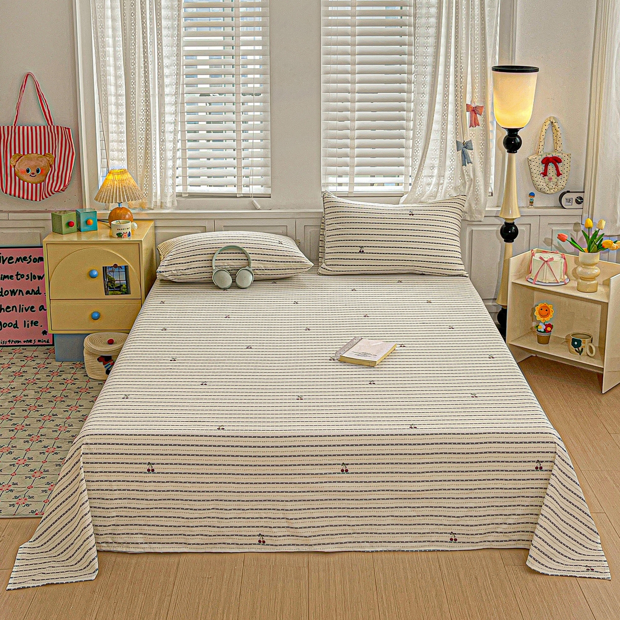 91家纺网 家纺一手货源 找家纺 温眠家纺 2026新款古法水洗棉加厚高克重双层纱单床单床单单件单品床单 樱之桃桃