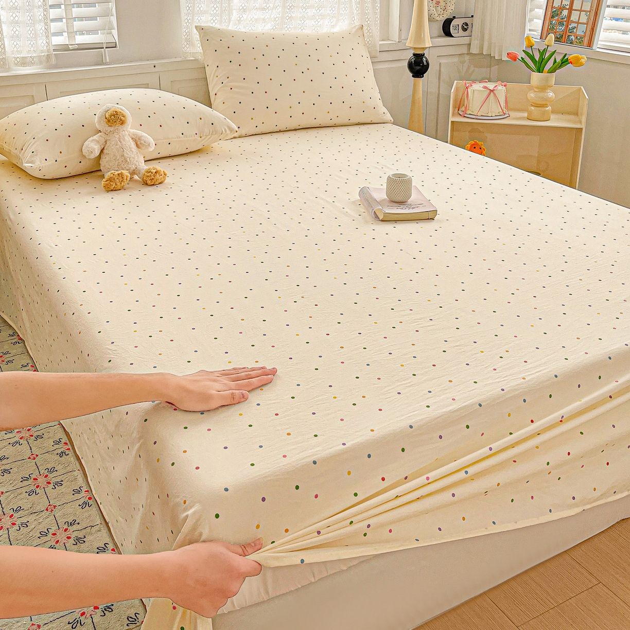 91家纺网 家纺一手货源 找家纺 温眠家纺 2026新款古法水洗棉加厚高克重双层纱单床单床单单件单品床单 彩波波