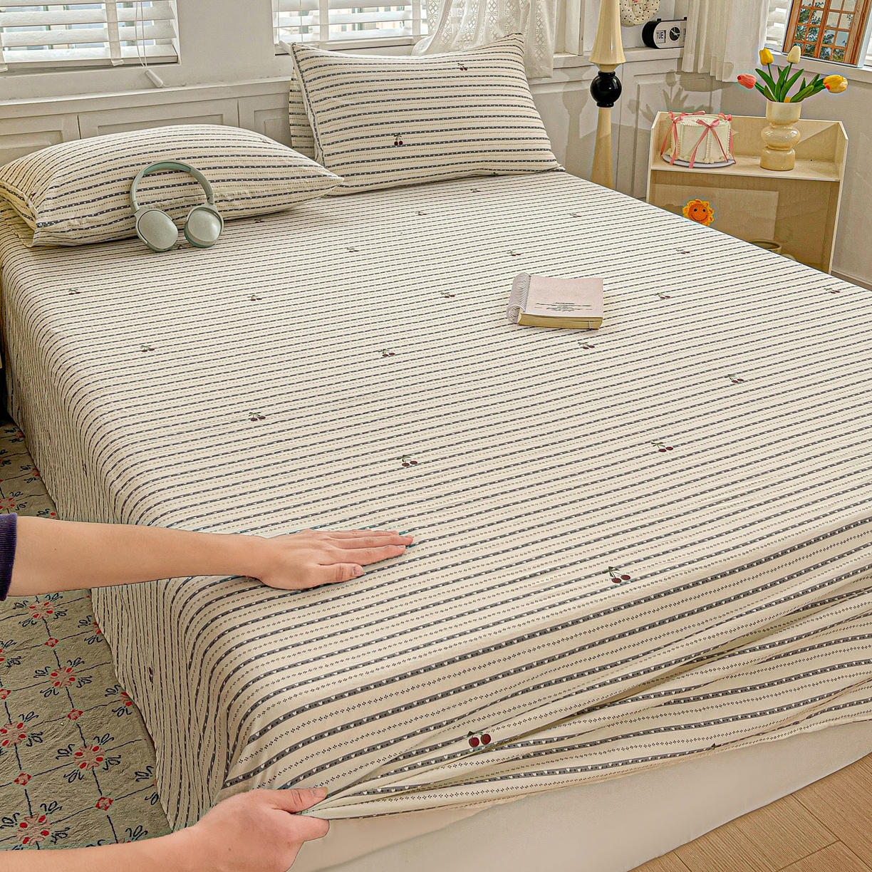 91家纺网 家纺一手货源 找家纺 温眠家纺 2026新款古法水洗棉加厚高克重双层纱单床单床单单件单品床单 樱之桃桃