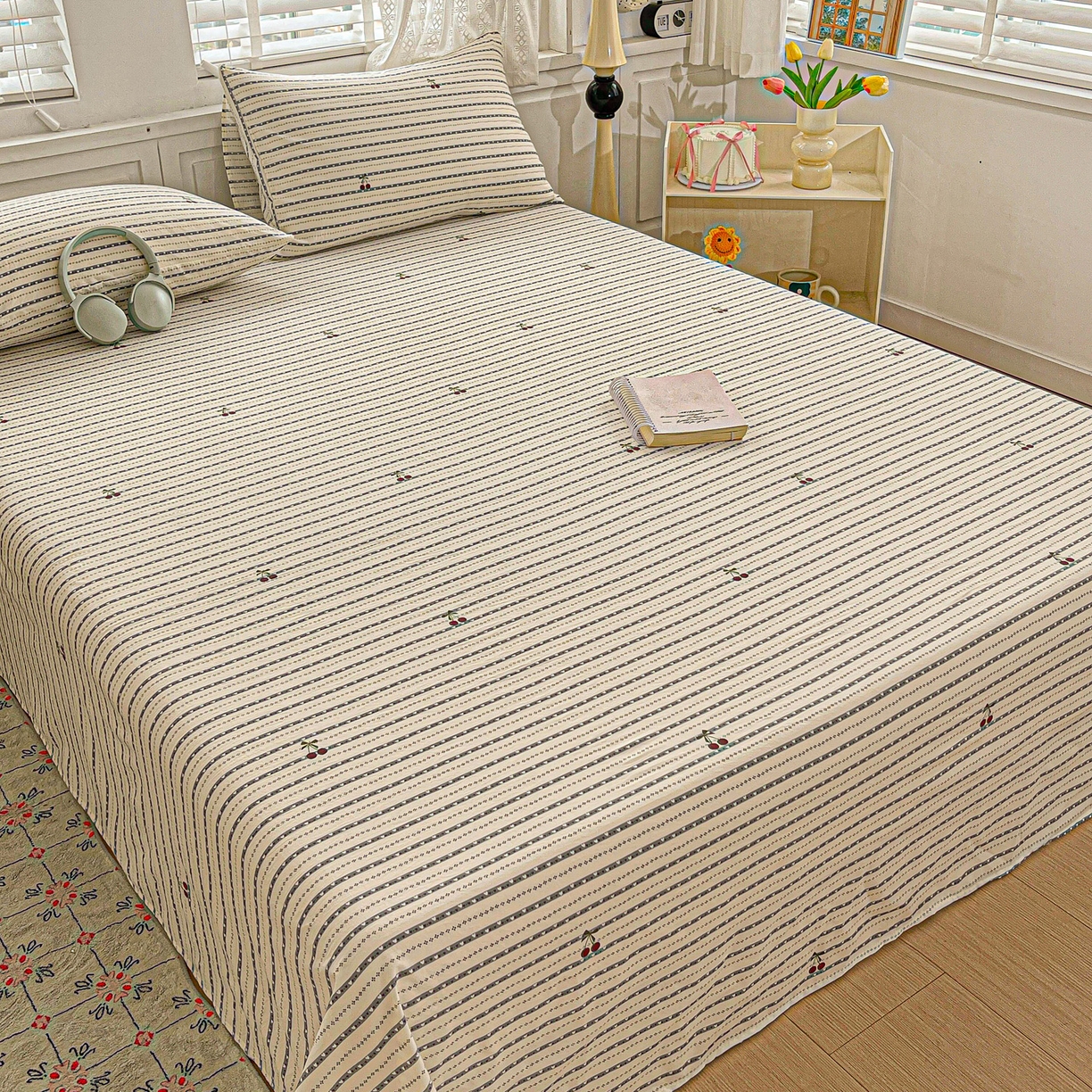 91家纺网 家纺一手货源 找家纺 温眠家纺 2026新款古法水洗棉加厚高克重双层纱单床单床单单件单品床单 樱之桃桃