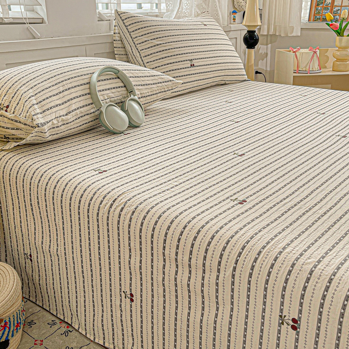 91家纺网 家纺一手货源 找家纺 温眠家纺 2026新款古法水洗棉加厚高克重双层纱单床单床单单件单品床单 樱之桃桃