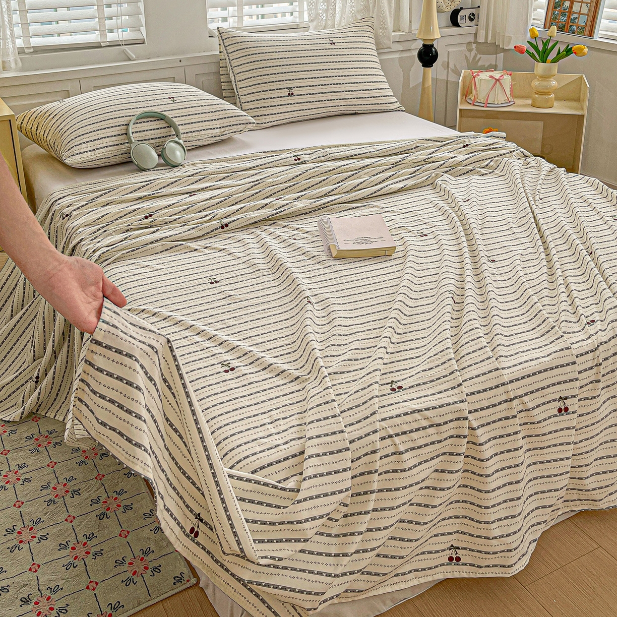 91家纺网 家纺一手货源 找家纺 温眠家纺 2026新款古法水洗棉加厚高克重双层纱单床单床单单件单品床单 樱之桃桃