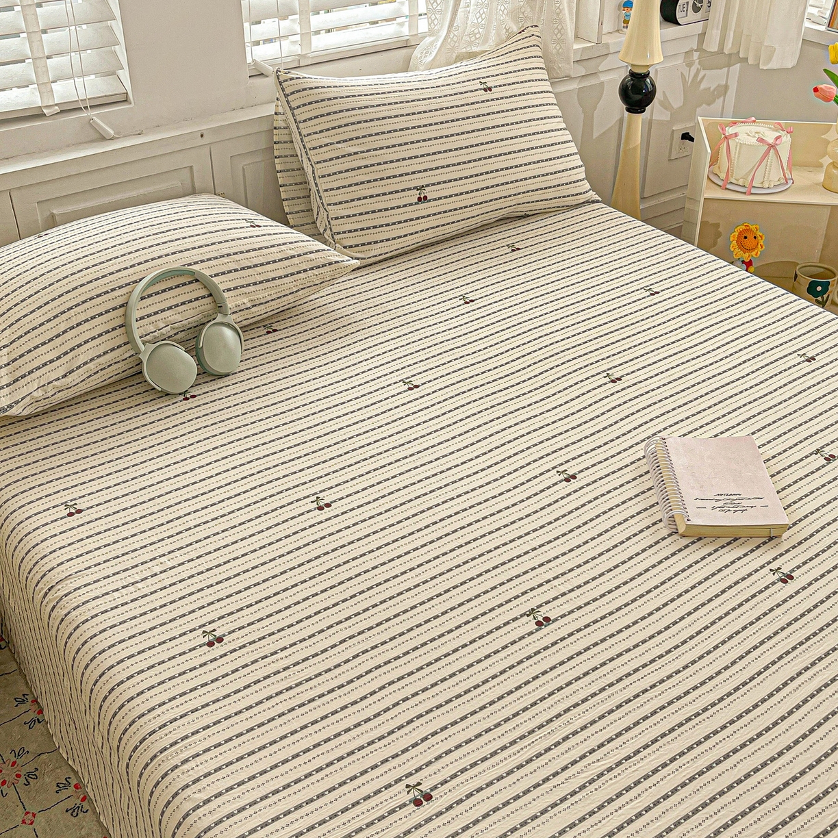 91家纺网 家纺一手货源 找家纺 温眠家纺 2026新款古法水洗棉加厚高克重双层纱单床单床单单件单品床单 樱之桃桃