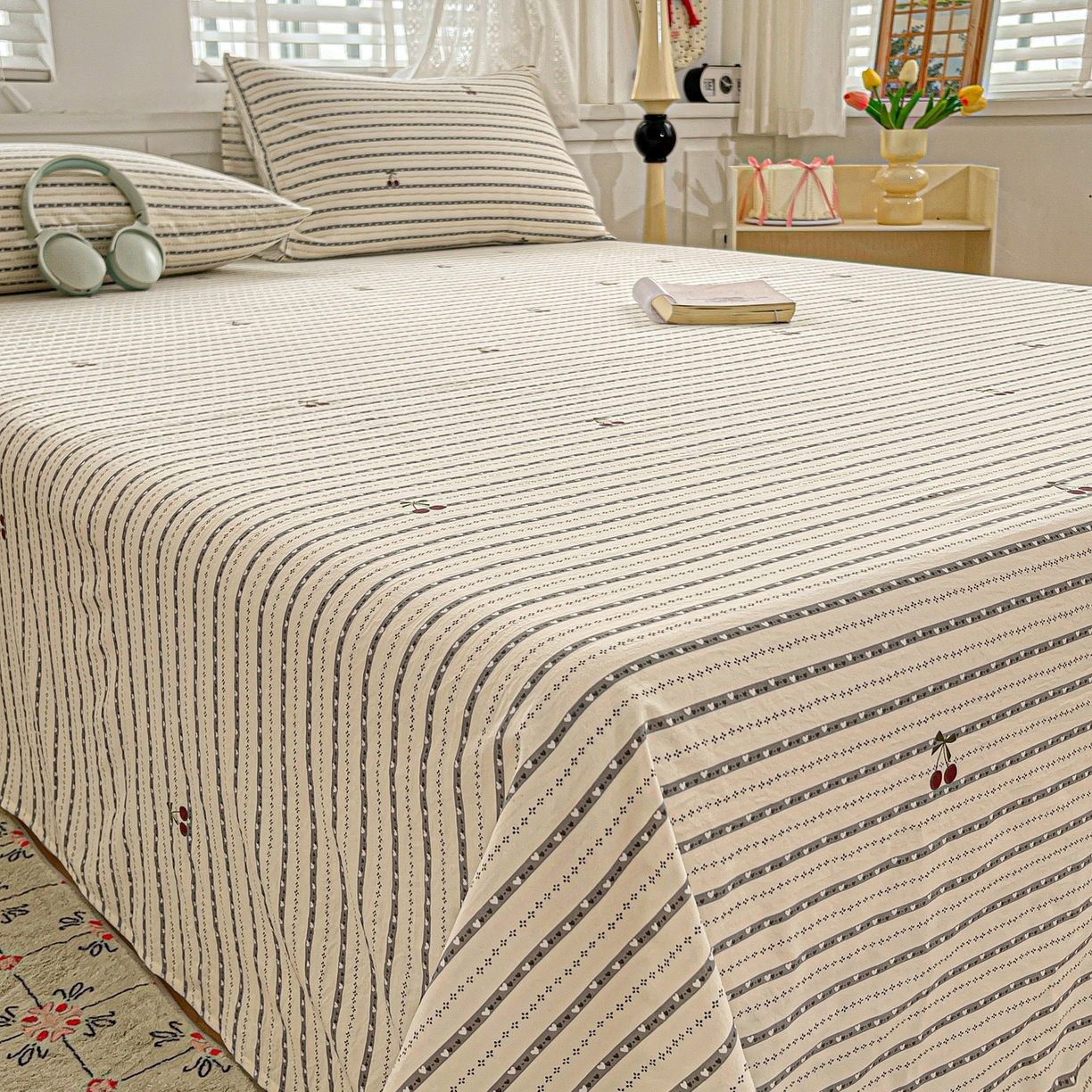 91家纺网 家纺一手货源 找家纺 温眠家纺 2026新款古法水洗棉加厚高克重双层纱单床单床单单件单品床单 樱之桃桃