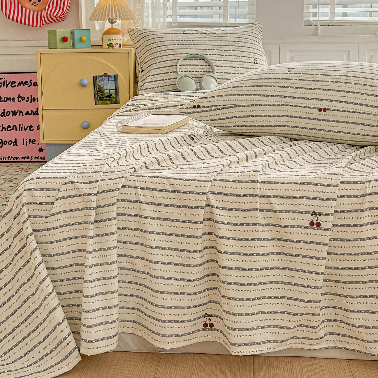 91家纺网 家纺一手货源 找家纺 温眠家纺 2026新款古法水洗棉加厚高克重双层纱单床单床单单件单品床单 樱之桃桃