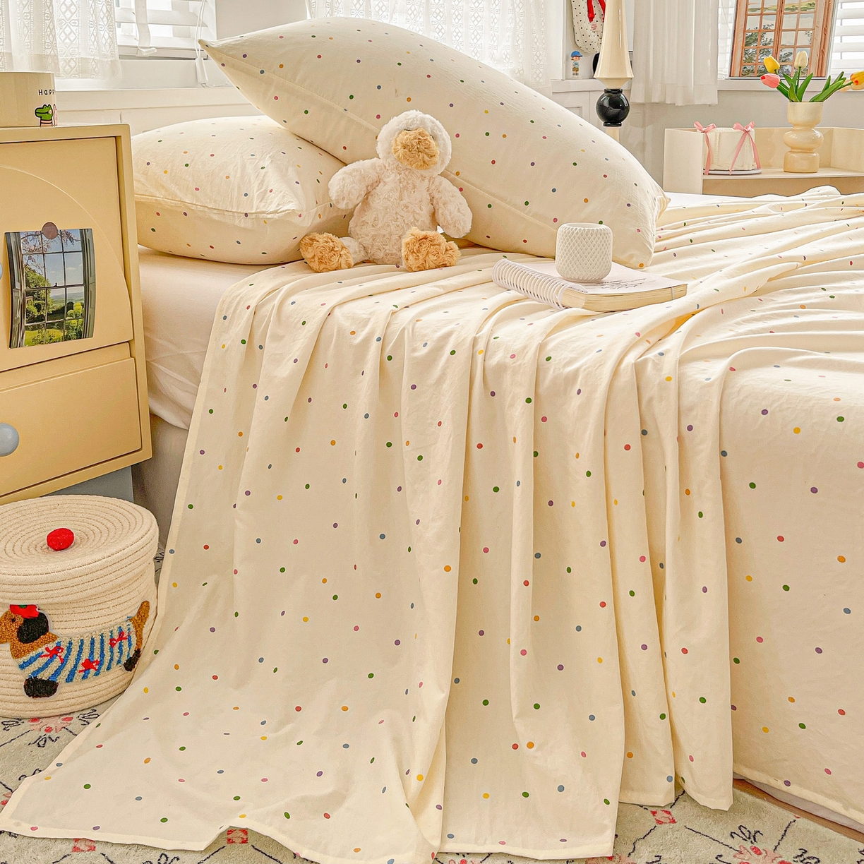 91家纺网 家纺一手货源 找家纺 温眠家纺 2026新款古法水洗棉加厚高克重双层纱单床单床单单件单品床单 彩波波