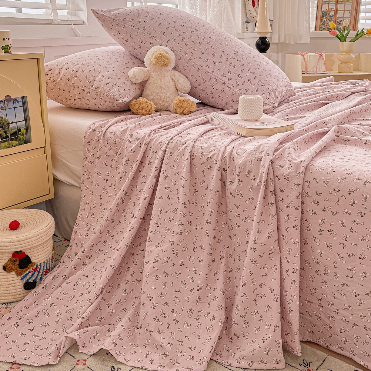 91家纺网 家纺一手货源 找家纺 温眠家纺 2026新款古法水洗棉加厚高克重双层纱单床单床单单件单品床单 花韵