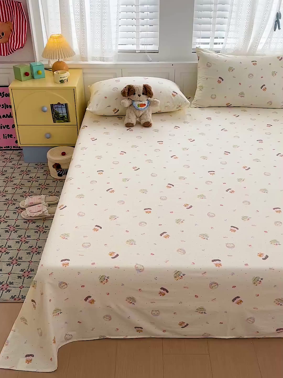 91家纺网 家纺一手货源 找家纺 温眠家纺 2026新款古法水洗棉加厚高克重双层纱单床单床单单件单品床单 蛋糕小猫