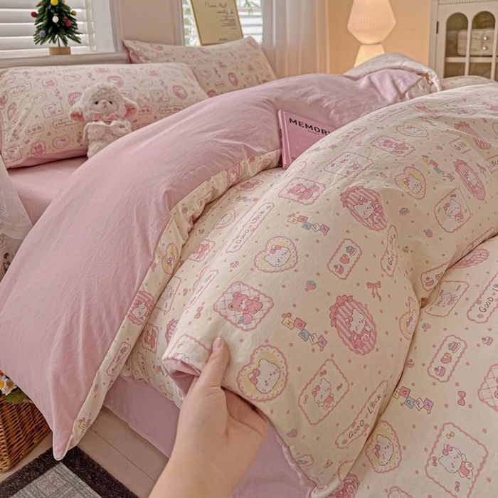 91家纺网 家纺一手货源 找家纺 温眠家纺 2026新款A类古法水洗仿棉云感棉加厚四件套 K蒂猫