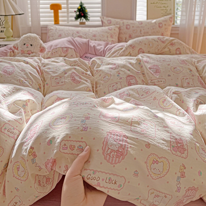 91家纺网 家纺一手货源 找家纺 温眠家纺 2026新款A类古法水洗仿棉云感棉加厚四件套 K蒂猫