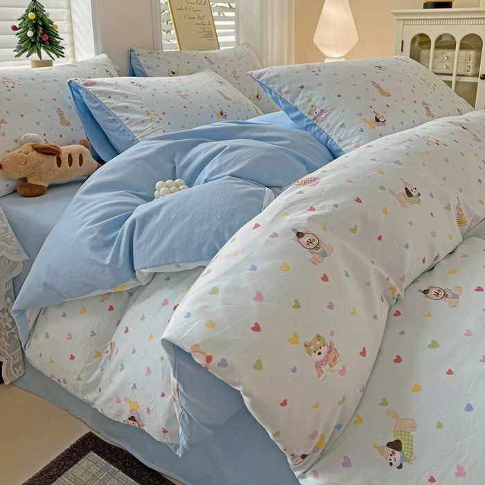 温眠家纺 2026新款A类古法水洗仿棉云感棉加厚四件套 爱心小狗