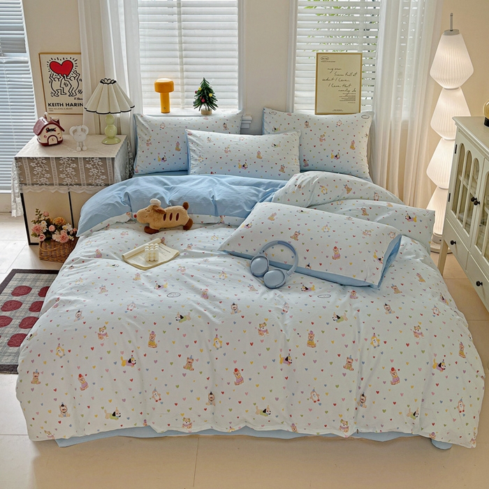 91家纺网 家纺一手货源 找家纺 温眠家纺 2026新款A类古法水洗仿棉云感棉加厚四件套 爱心小狗