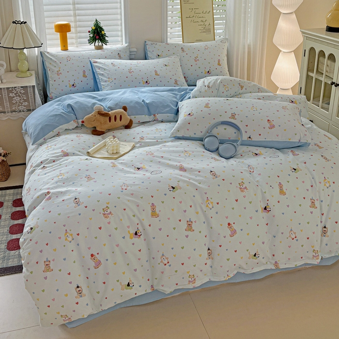 91家纺网 家纺一手货源 找家纺 温眠家纺 2026新款A类古法水洗仿棉云感棉加厚四件套 爱心小狗