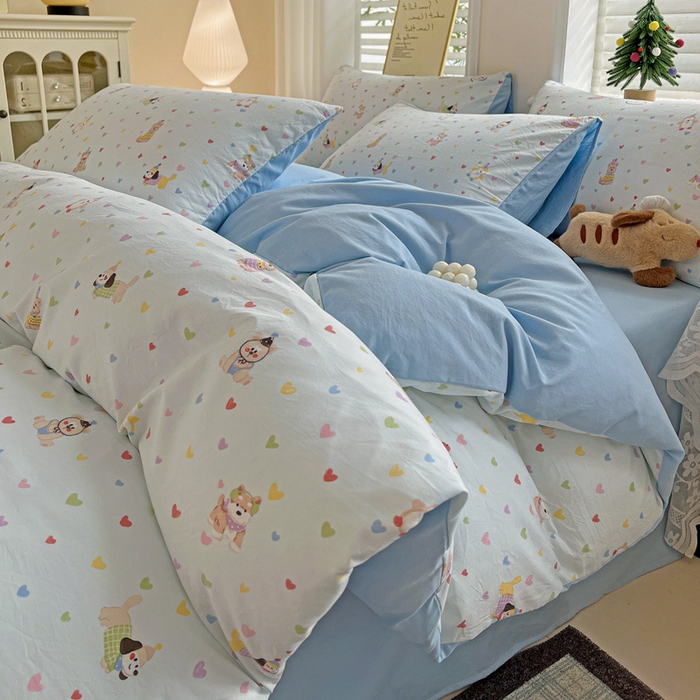 91家纺网 家纺一手货源 找家纺 温眠家纺 2026新款A类古法水洗仿棉云感棉加厚四件套 爱心小狗