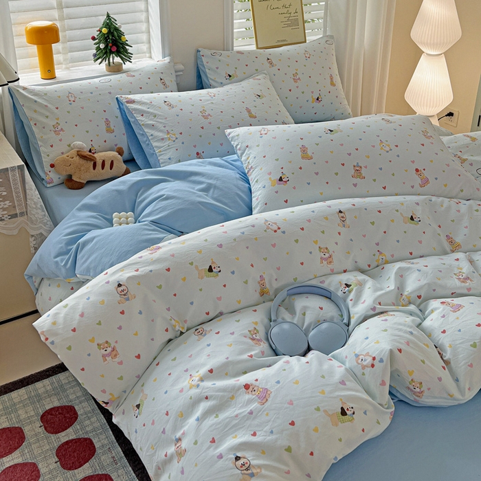 91家纺网 家纺一手货源 找家纺 温眠家纺 2026新款A类古法水洗仿棉云感棉加厚四件套 爱心小狗