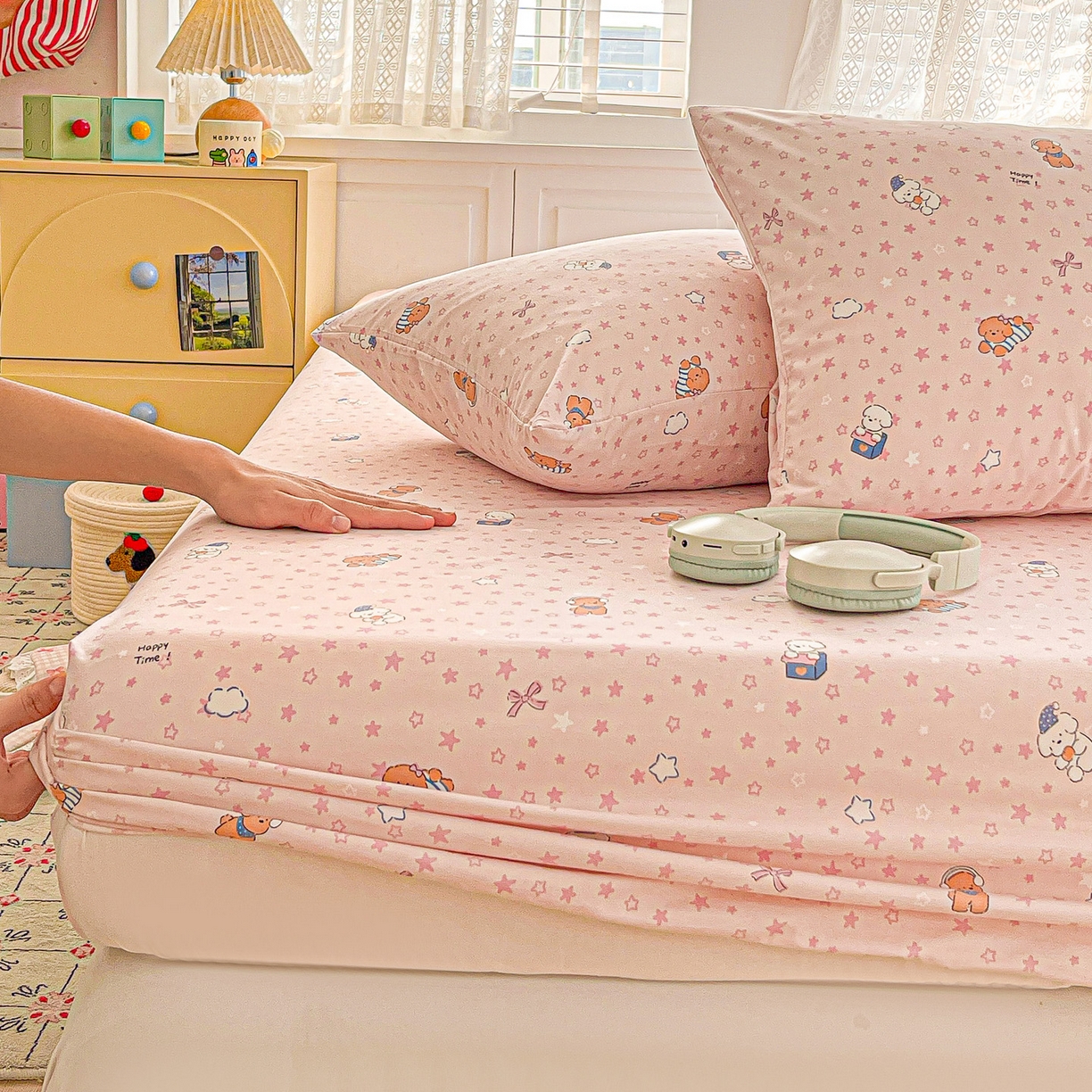 91家纺网 家纺一手货源 找家纺 温眠家纺 2026新款古法水洗棉加厚高克重双层纱单床笠床笠单件单品床笠 汪星人