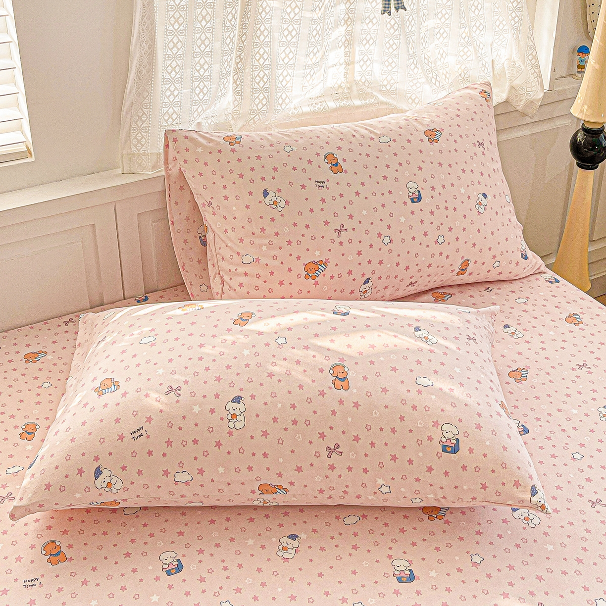 91家纺网 家纺一手货源 找家纺 温眠家纺 2026新款古法水洗棉加厚高克重双层纱单床笠床笠单件单品床笠 汪星人