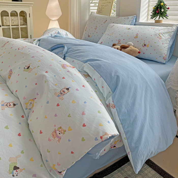 91家纺网 家纺一手货源 找家纺 温眠家纺 2026新款A类古法水洗仿棉云感棉加厚四件套 爱心小狗