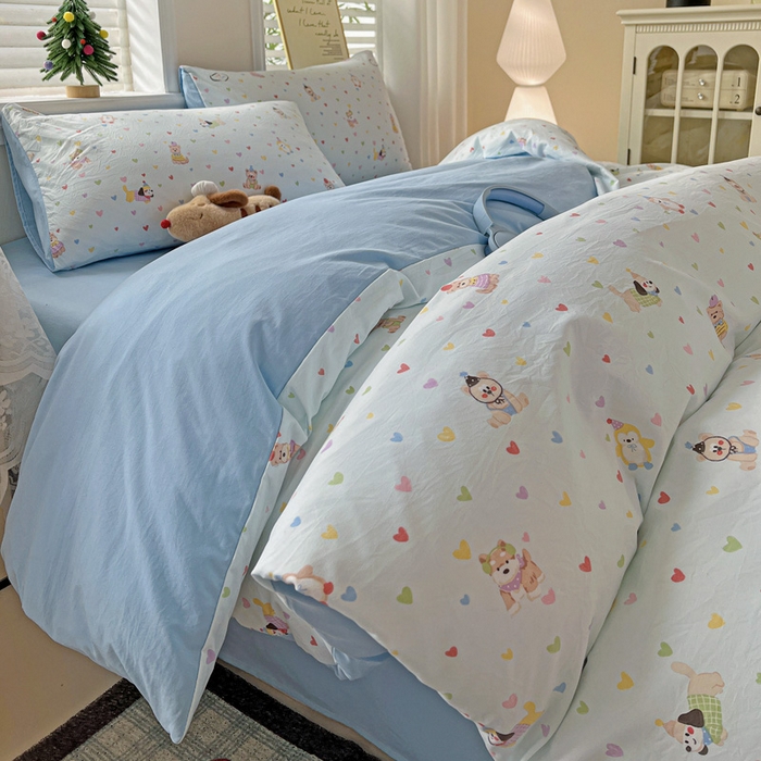 91家纺网 家纺一手货源 找家纺 温眠家纺 2026新款A类古法水洗仿棉云感棉加厚四件套 爱心小狗