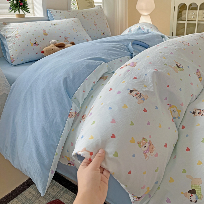 91家纺网 家纺一手货源 找家纺 温眠家纺 2026新款A类古法水洗仿棉云感棉加厚四件套 爱心小狗