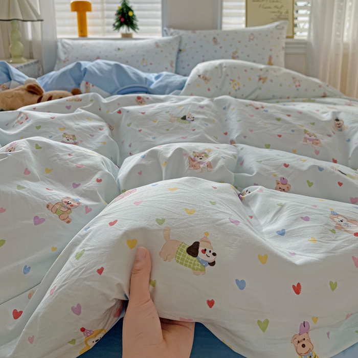 91家纺网 家纺一手货源 找家纺 温眠家纺 2026新款A类古法水洗仿棉云感棉加厚四件套 爱心小狗