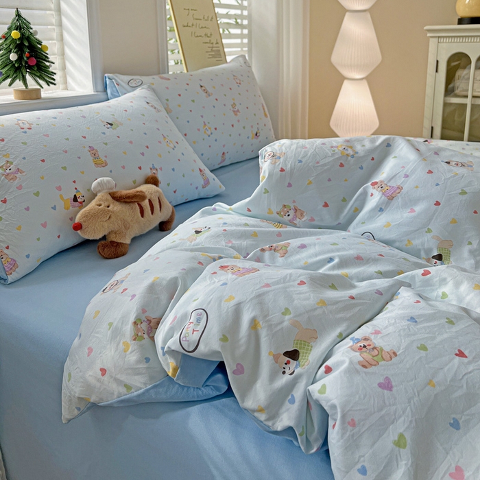 91家纺网 家纺一手货源 找家纺 温眠家纺 2026新款A类古法水洗仿棉云感棉加厚四件套 爱心小狗