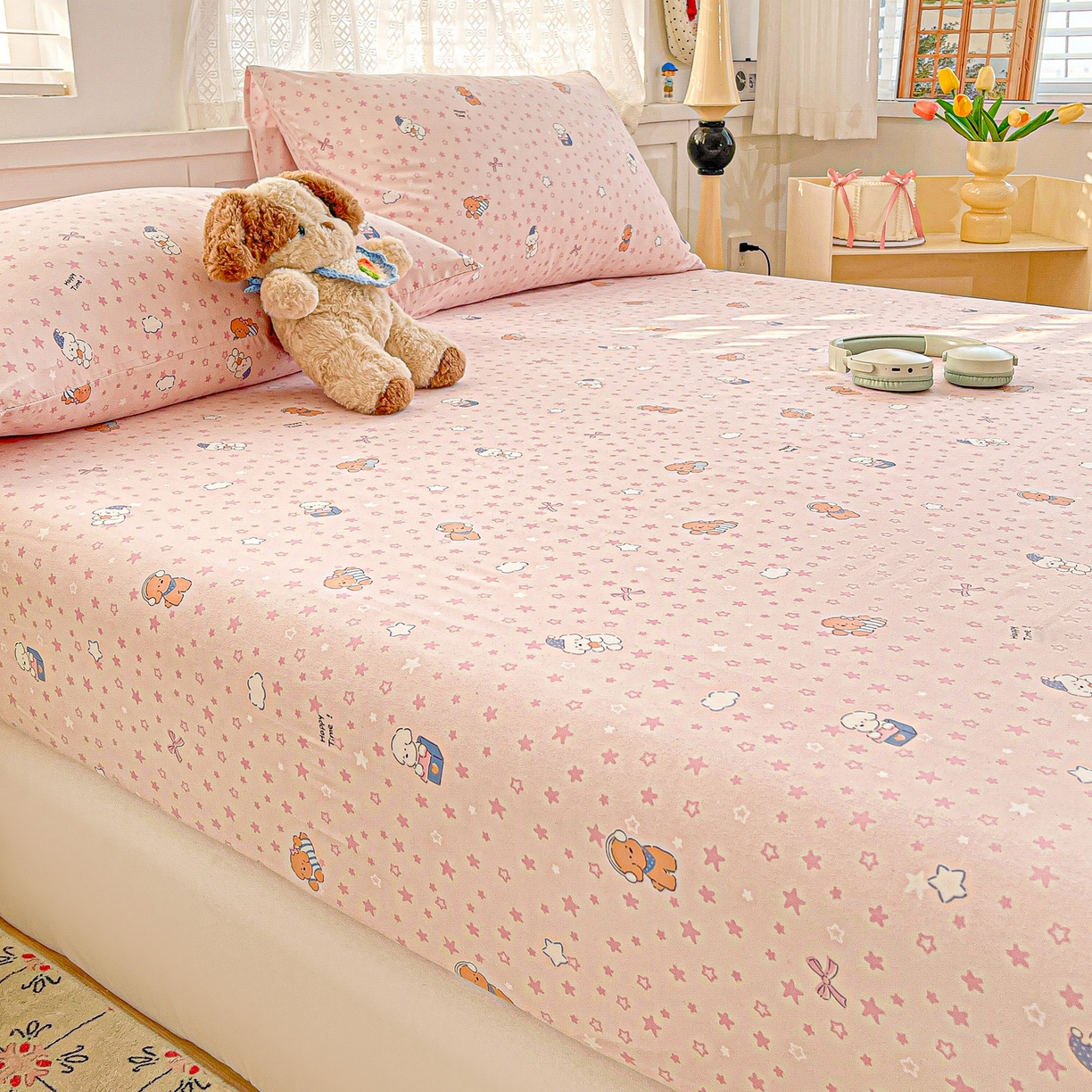 91家纺网 家纺一手货源 找家纺 温眠家纺 2026新款古法水洗棉加厚高克重双层纱单床笠床笠单件单品床笠 汪星人