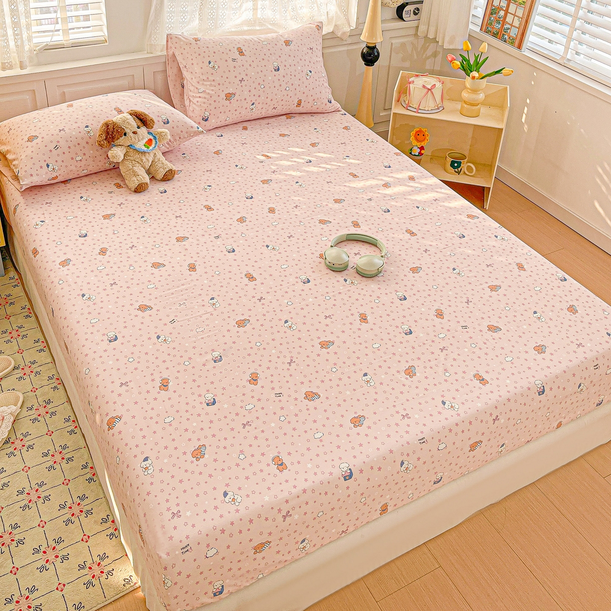 91家纺网 家纺一手货源 找家纺 温眠家纺 2026新款古法水洗棉加厚高克重双层纱单床笠床笠单件单品床笠 汪星人