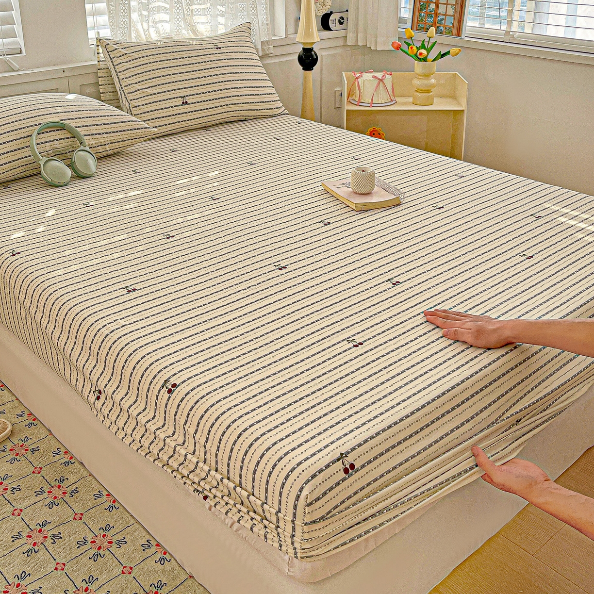 91家纺网 家纺一手货源 找家纺 温眠家纺 2026新款古法水洗棉加厚高克重双层纱单床笠床笠单件单品床笠 樱之桃桃