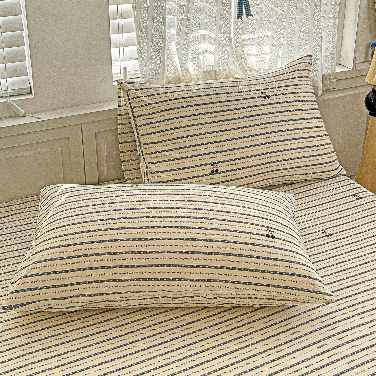 91家纺网 家纺一手货源 找家纺 温眠家纺 2026新款古法水洗棉加厚高克重双层纱单床笠床笠单件单品床笠 樱之桃桃