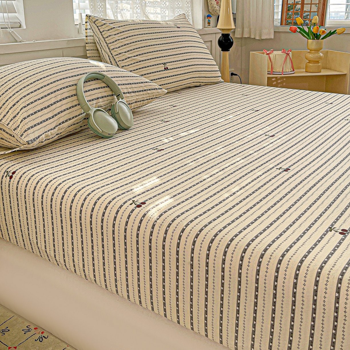 91家纺网 家纺一手货源 找家纺 温眠家纺 2026新款古法水洗棉加厚高克重双层纱单床笠床笠单件单品床笠 樱之桃桃