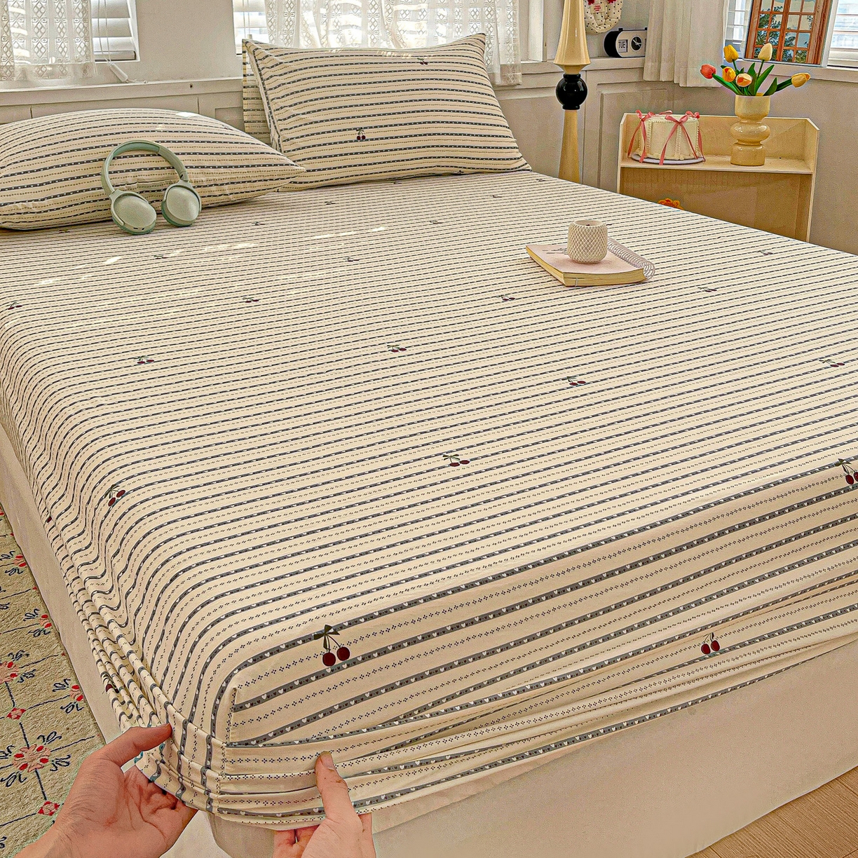 91家纺网 家纺一手货源 找家纺 温眠家纺 2026新款古法水洗棉加厚高克重双层纱单床笠床笠单件单品床笠 樱之桃桃